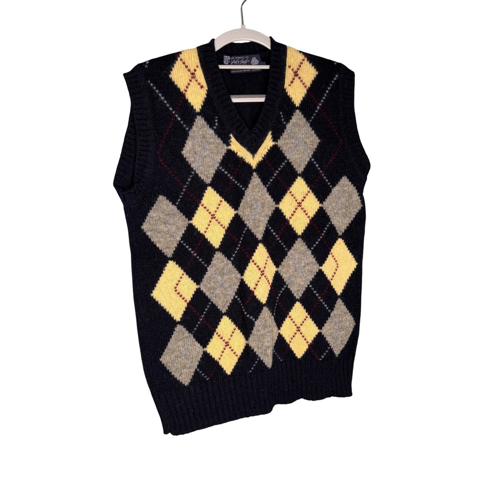 Vintage Lord & Taylor yellow and blue argyle sweater vest pure virgin wool prep